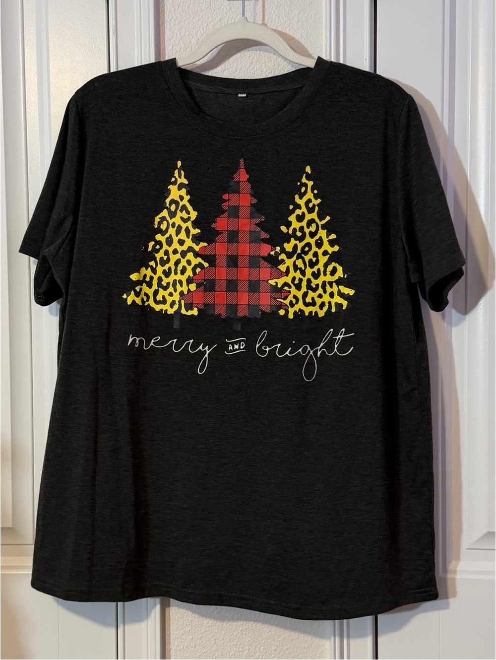 Merry & Bright Graphic Tee - Black with Yellow and Red Trees